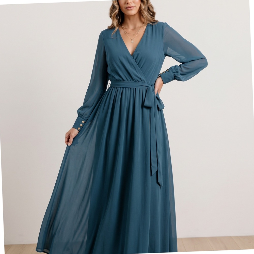 Baltic Born Lydia Maxi Dress Women M Teal Boho Wedding Guest Chic Long Sleeve